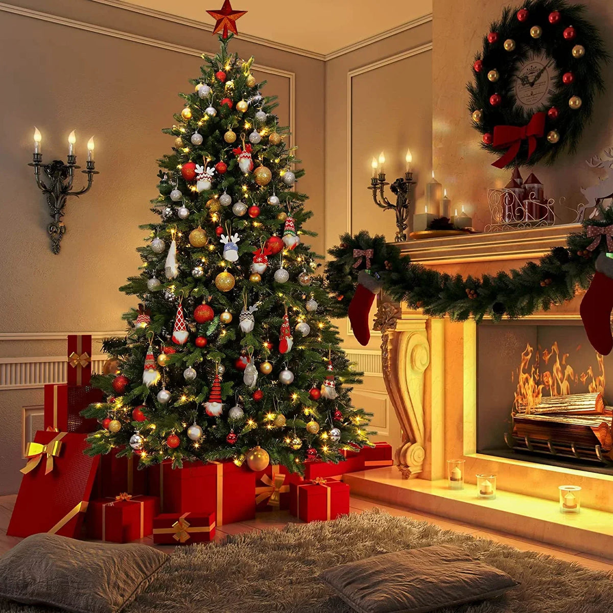 2026 NewVebreda 6FT Pre-Lit Artificial Christmas Tree with 300 Warm White LED Lights, Hinged Branch Design, Eco-Friendly PVC Needles & Foldable Metal Stand for Home, Office & Holiday D"cor
