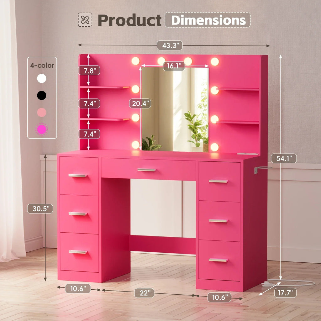 2026 NewLacoo Vanity Desk with Mirror and LED Lights, Makeup Vanity with 7 Drawers & 4 Shelves, Vanity Table with Power Outlet for Bedroom Dressing Room, White