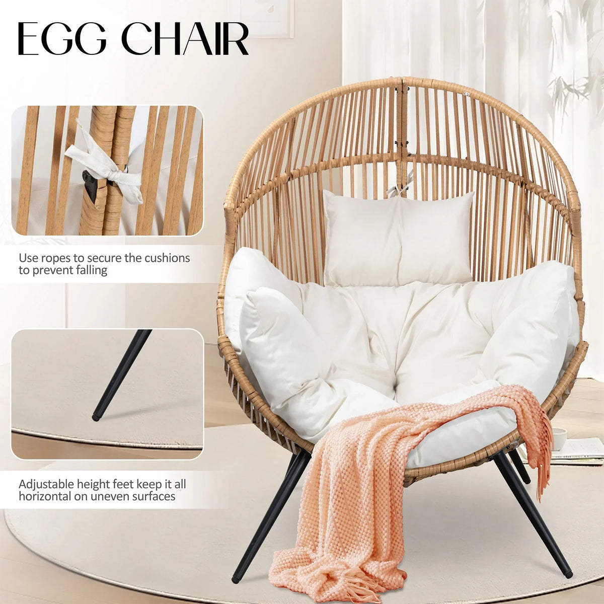 2026 NewWalsunny Egg Chairs Outdoor Patio Wicker Oversized Egg Shell Lounger Lawn Chair with Cushion for Indoor Outside Porch Balcony Backyard, Original Wood Color Rattan Beige Cushion