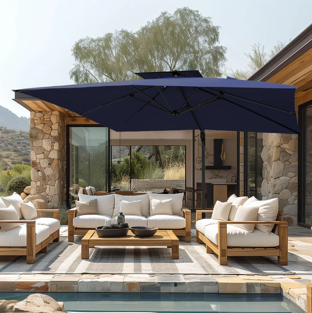 2026 NewAlpha Joy 12x9ft Outdoor Patio Umbrella Large Rectangle Offset Cantilever Double Umbrella with 360°Rotation, Beige