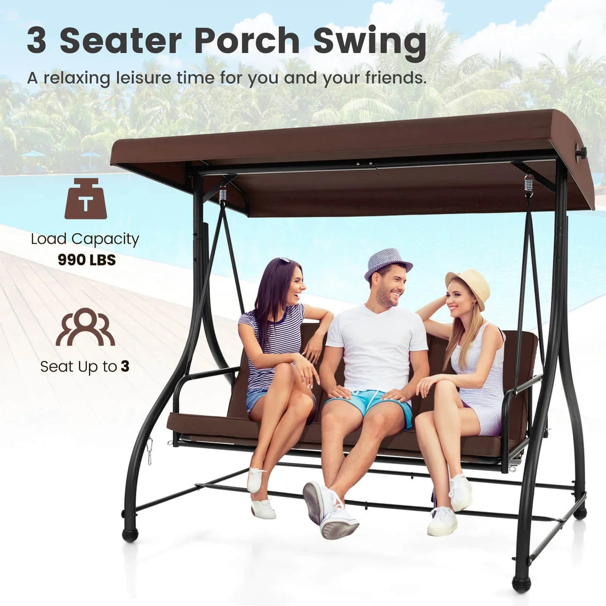 2026 NewCostway 3-Seat Outdoor Converting Patio Swing Glider Adjustable Canopy Porch Swing Black