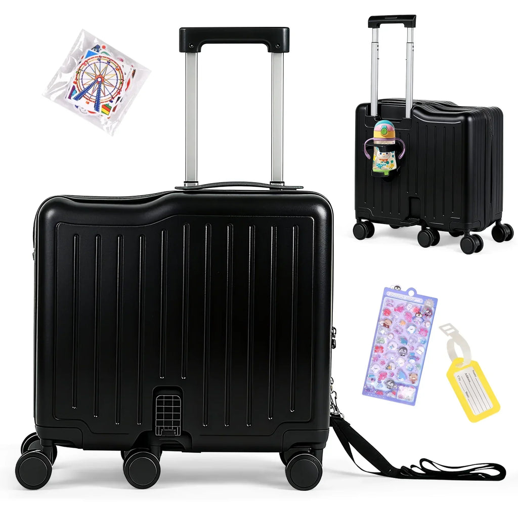 2026 NewAdvwin Ride-On Kids Luggage with Pull Strap, Footrests, Cup Holder, 6 Wheels & Adjustable Handle, 18-Inch Spinner Suitcase with Stickers & Boarding Pass, Pink