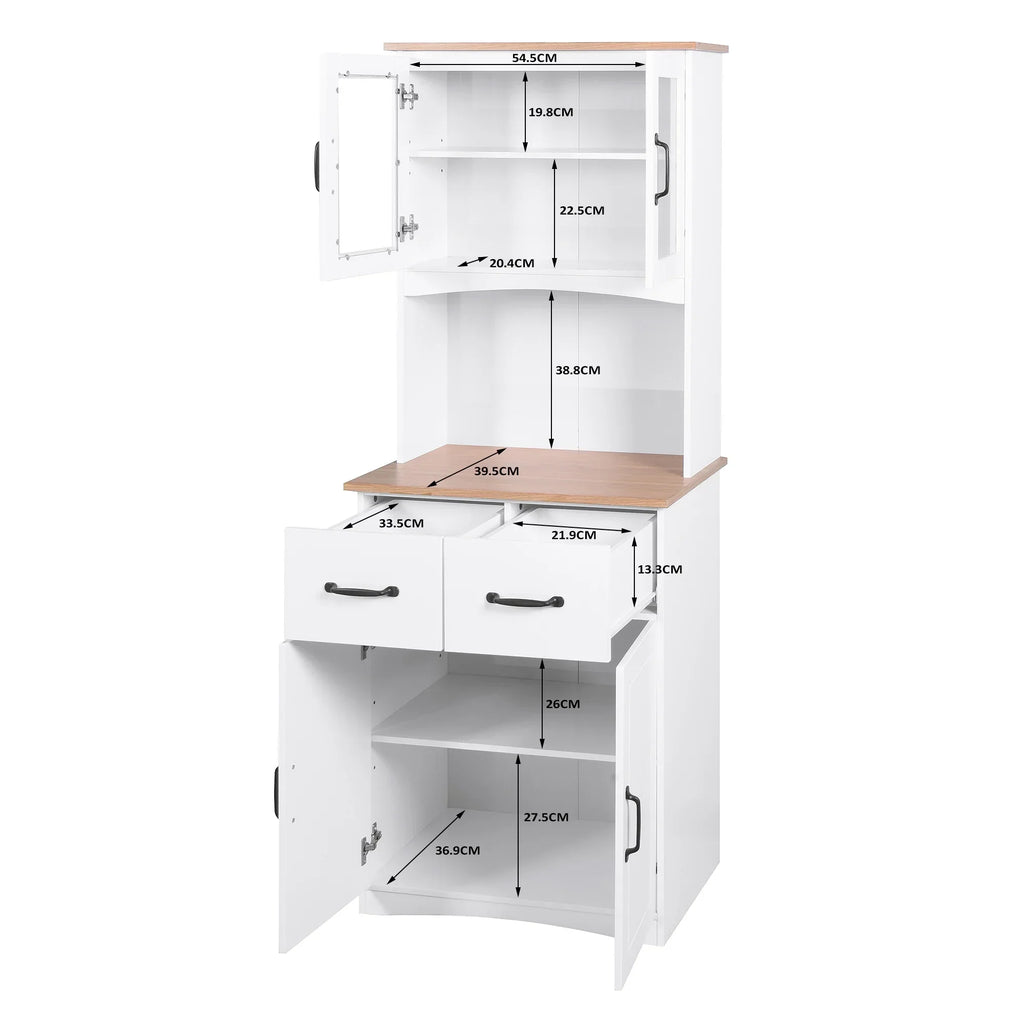2026 NewClearance! Wooden Kitchen Cabinet White Pantry Room Storage Microwave Cabinet with Framed Glass Doors and Drawer