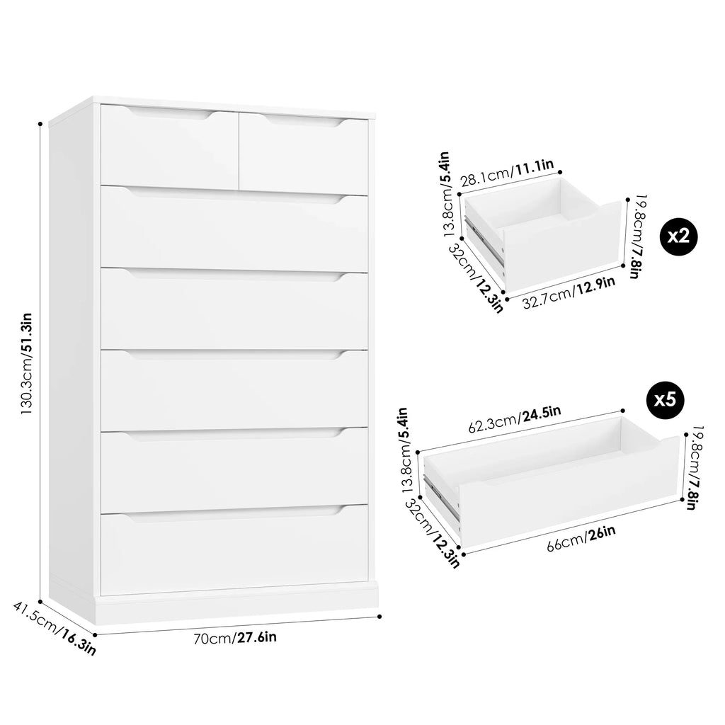 2026 NewHomfa 7 Drawer White Dresser, 51.3"H Wood Storage Cabinet with Upgraded Stable Base, Vertical Chest for Bedroom Living Room