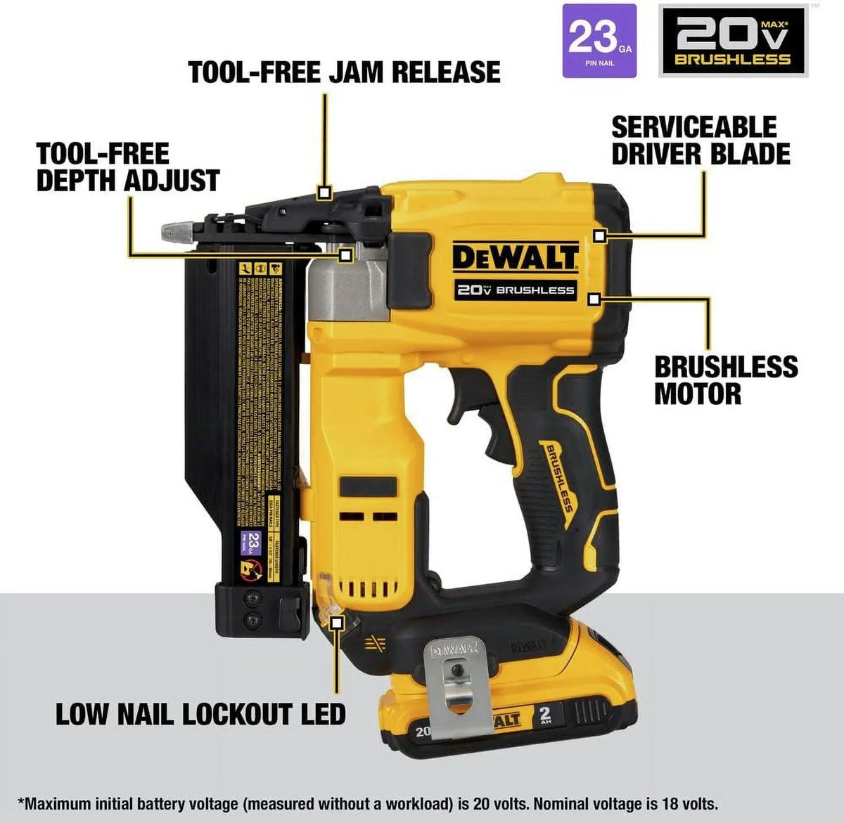 2026 NewDeWalt DCN623D1 20-Volt MAX Atomic Compact Cordless Pin Nailer Kit, Brushless Motor, 23 Gauge, Battery - Quantity 1