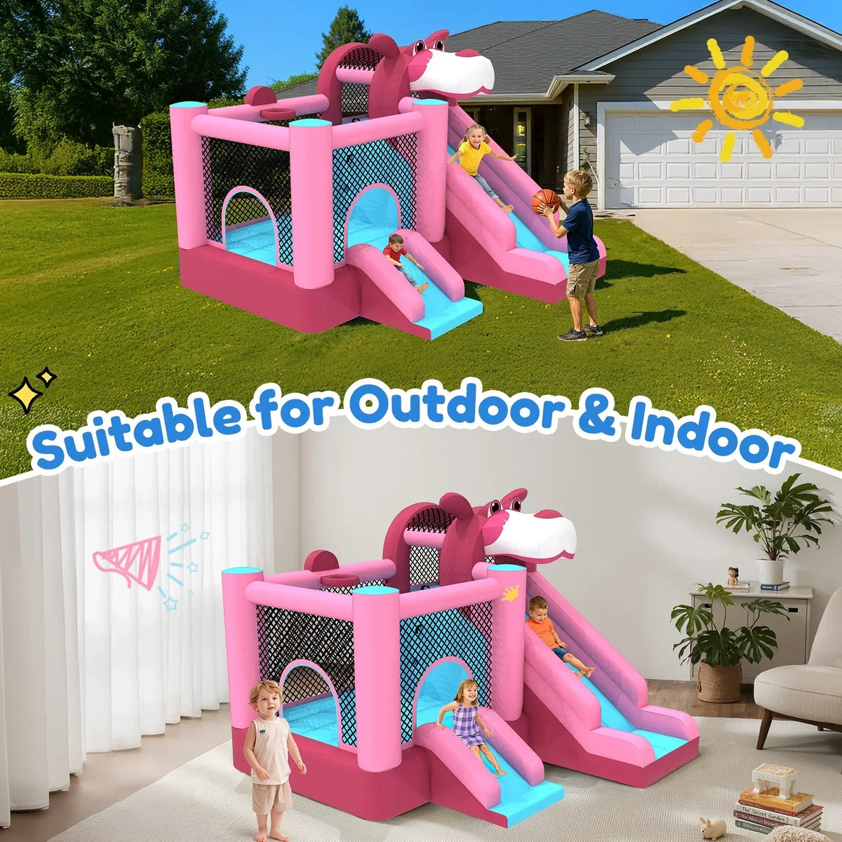 2026 NewMukidy 114''x 114'' x 92.5'' Inflatable Bounce Houses for Kids 3-10 with Blower Double Slide and Ball Pit/Indoor Bouncy House, PVC, Child, Teen, Toddler"Blue