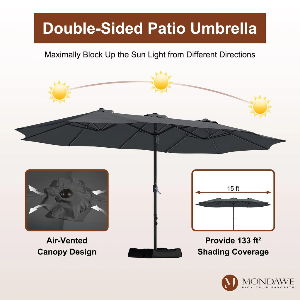 2026 NewMondawe 15ft Patio Umbrella Rectangular Outdoor Market Umbrella with Base and LED Lights Beige