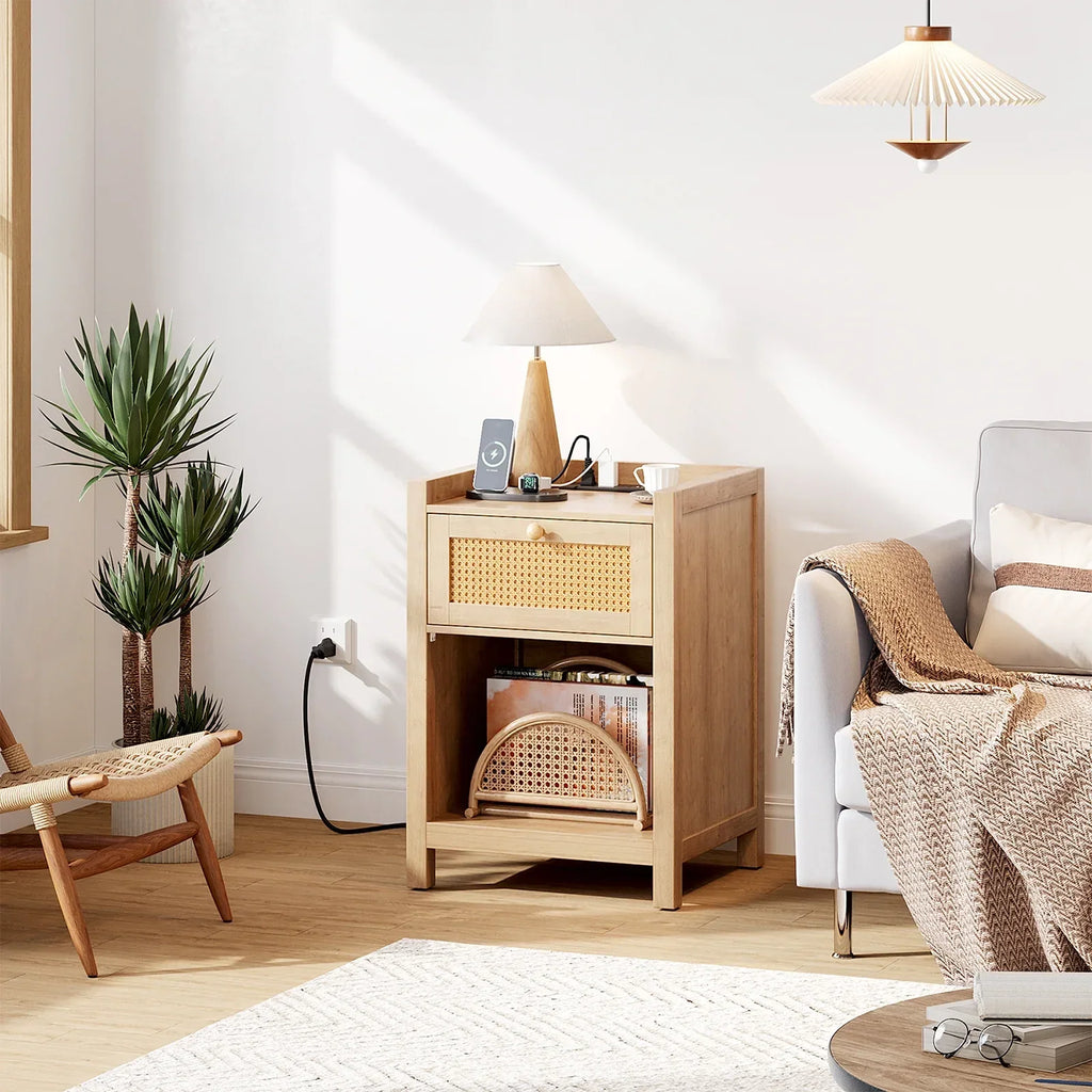 2026 NewLGHM Nightstand Set of 2 with Charging Station, Farmhouse Bedside Tables Night Stands with Drawer, Boho Side Tables for Bedroom, Living Room, Oak