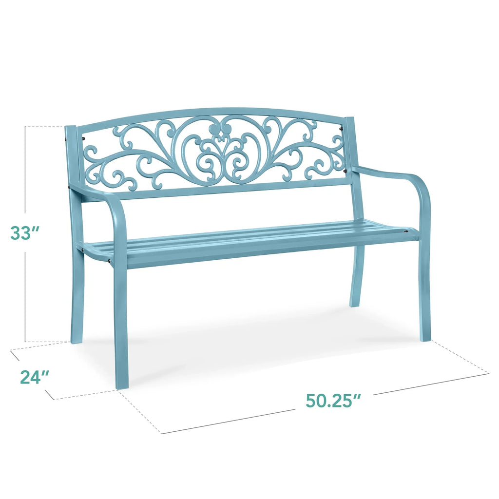 2026 NewBest Choice Products Outdoor Steel Bench Garden Patio Porch Furniture w/ Floral Design Backrest - Black
