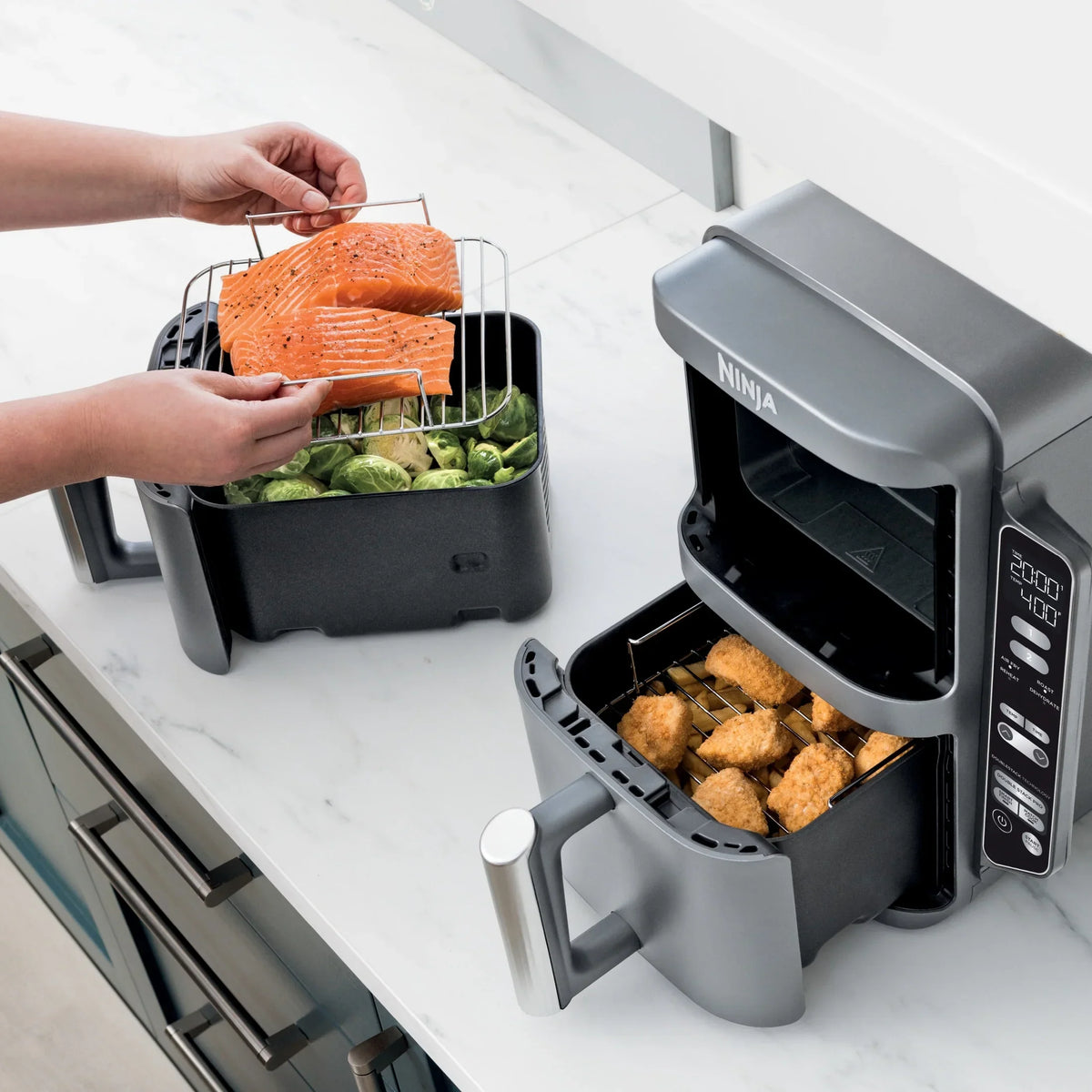 2026 NewNinja DoubleStack XL 2-Basket Air Fryer, DoubleStack Technology Cooks 4 Foods at Once, Space Saving Design, 10 QT, 4-in-1, Smart Finish & Match Cook, SL400
