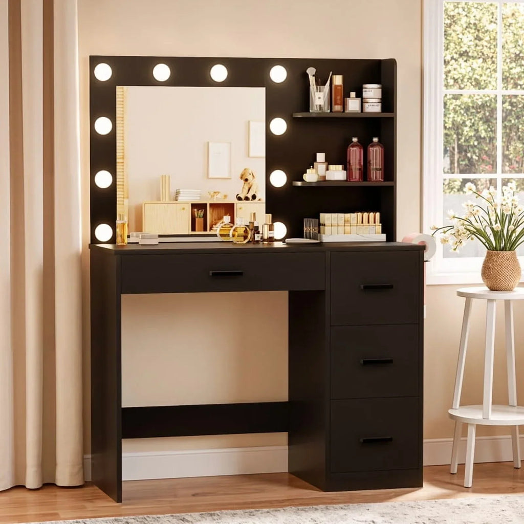 2026 NewLacoo Vanity Desk with Mirror and LED Lights, Makeup Vanity with 7 Drawers & 4 Shelves, Vanity Table with Power Outlet for Bedroom Dressing Room, White