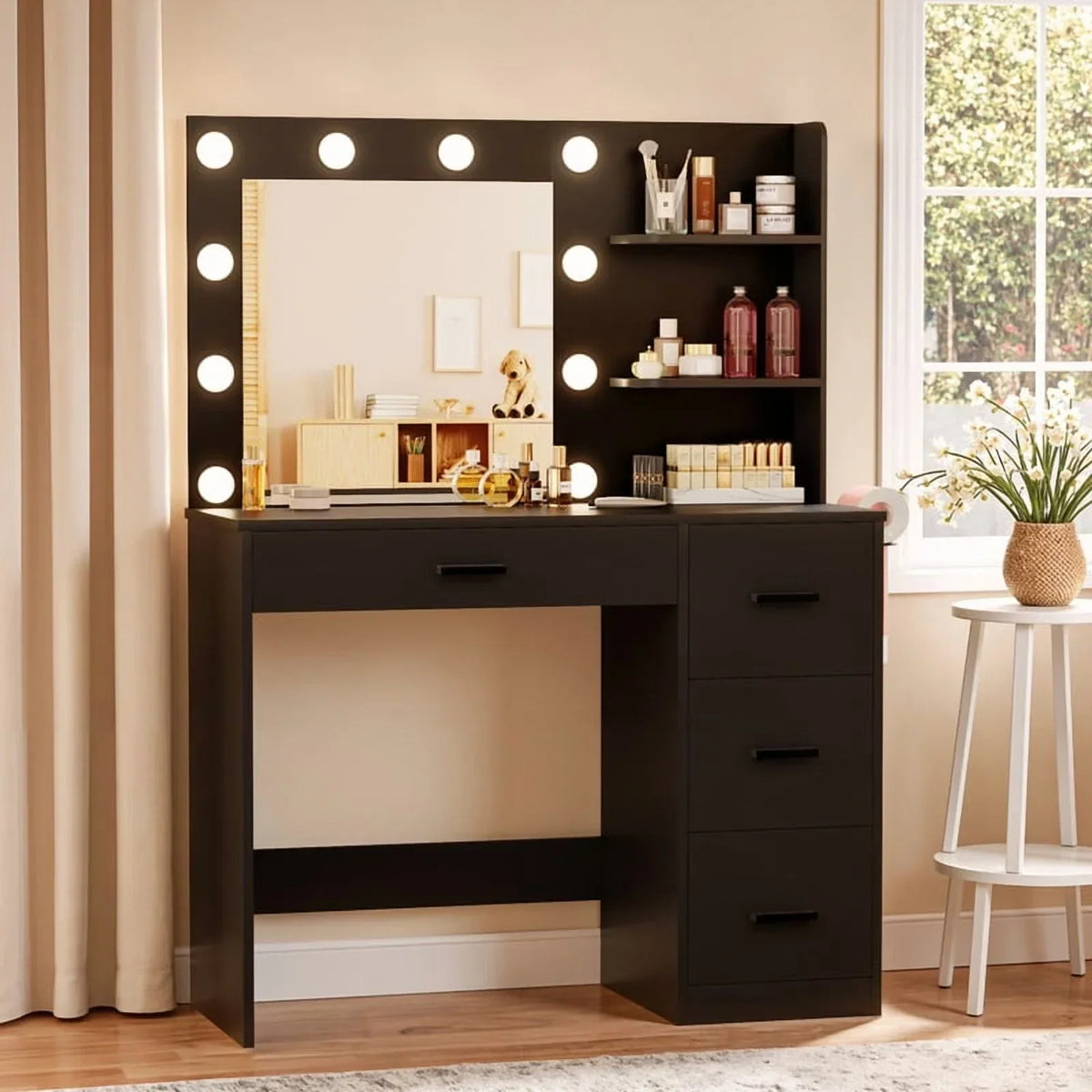 2026 NewLacoo Vanity Desk with Mirror and LED Lights, Makeup Vanity with 7 Drawers & 4 Shelves, Vanity Table with Power Outlet for Bedroom Dressing Room, White