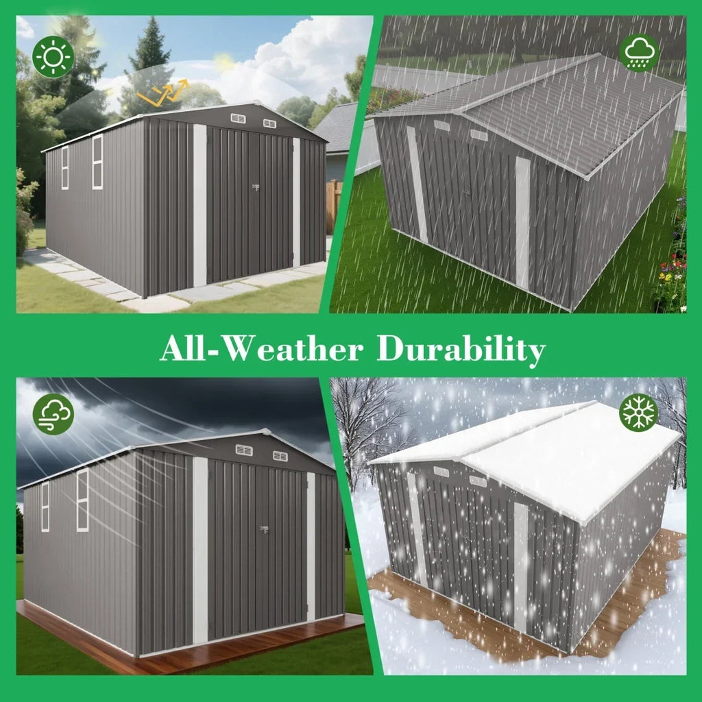 2026 New10 x 8 FT Outdoor Storage Shed, Large Metal Storage Shed, Lockable Door and Air Vent, Clear Window Garden Tool Shed for Bicycles, Tools, Lawnmowers, Backyards, Patios, Lawns - Gray