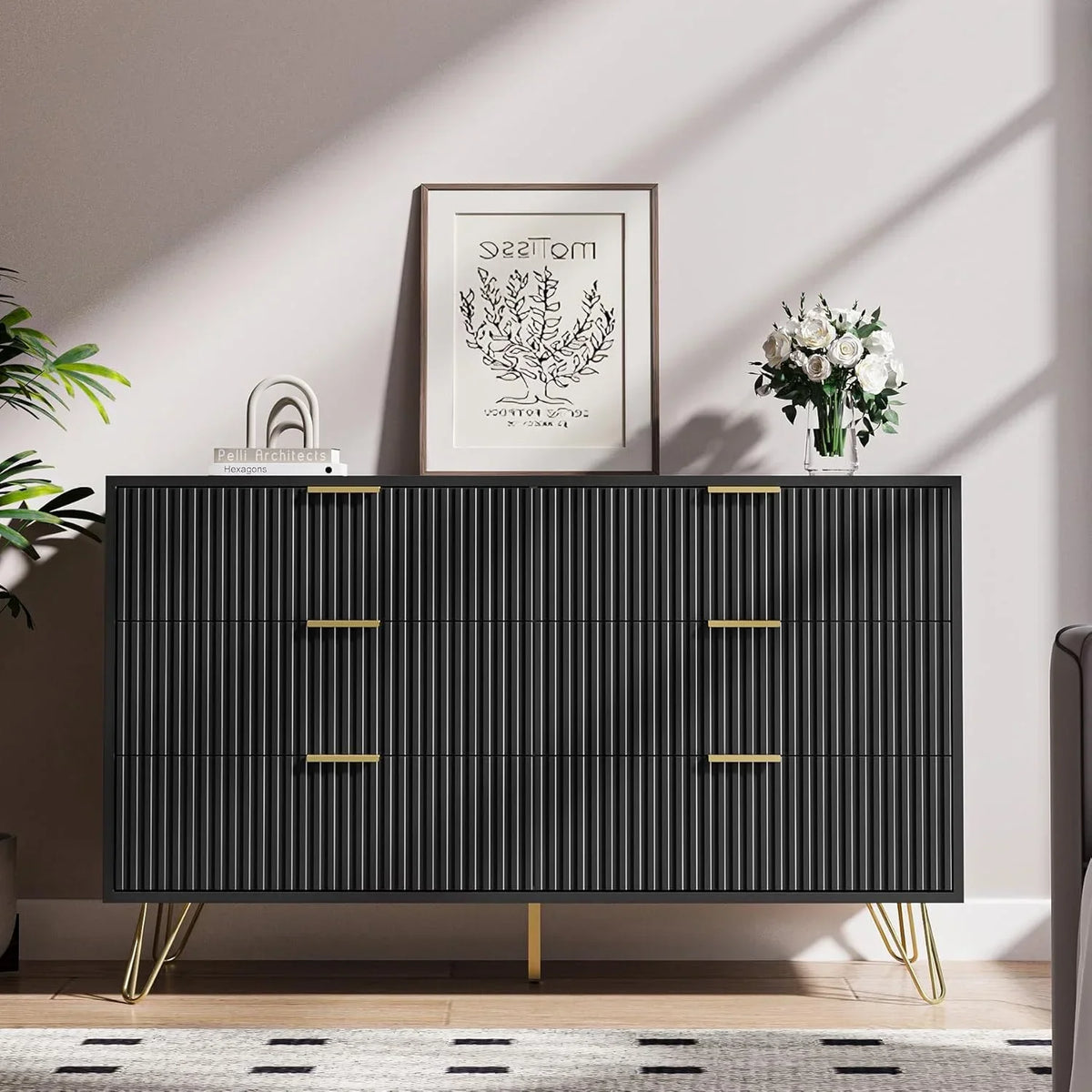 2026 NewFURNIWAY White 6 Drawer Dresser for Bedroom, Modern Dresser with Gold Metal Handles,Fluted Wood TV Stand for Living Room, Hallway