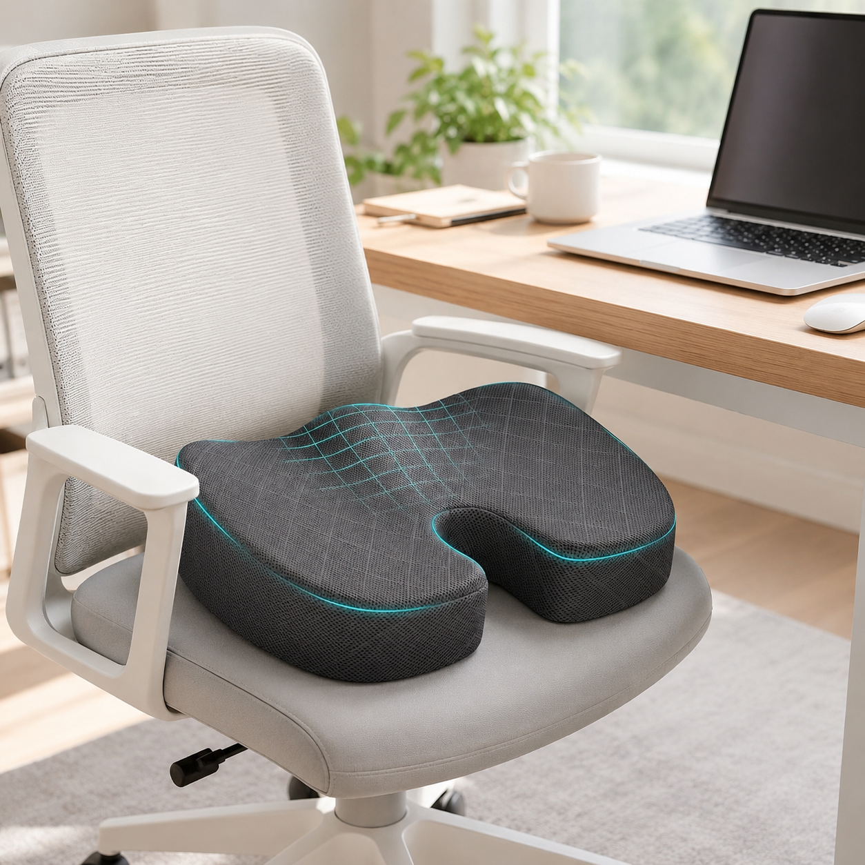 Extra dik traagschuim zitkussen met ademende hoes en antislip onderkant, donkergrijs