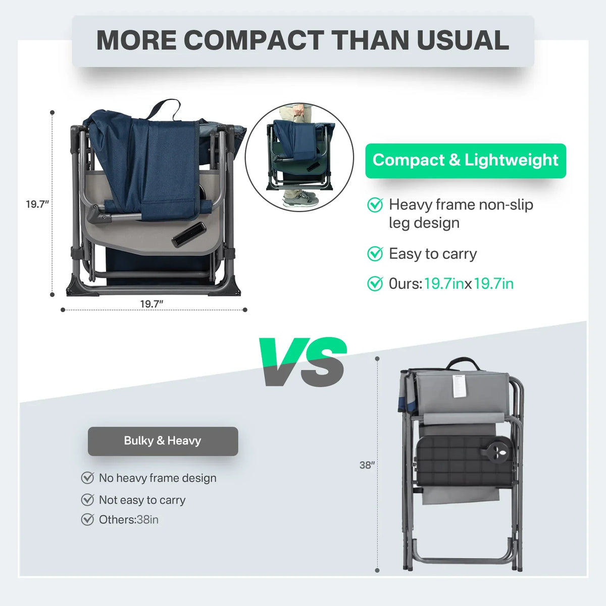 2026 NewTIMBER RIDGE Portable Director Chair, Heavy Duty Camping Folding Chair with Compact Size with Side Pocket and Side Table, Support 400 lbs, Grey