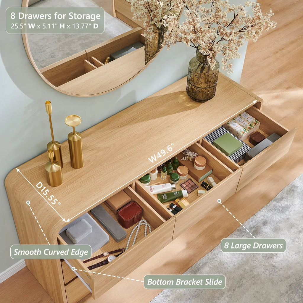 2026 Newwow97e Modern 8 Drawers Dresser for Bedroom, 55" Wide Wood Chest of Drawers w/Curved Profile Design, for Bedroom, Living Room, Natural Oak