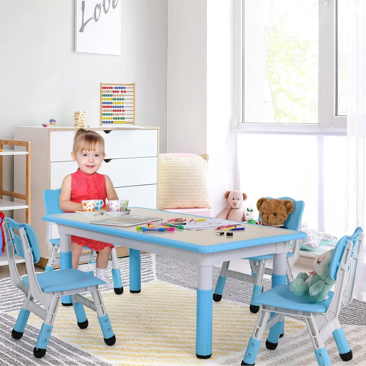 2026 NewLAZY BUDDY Kids Table and 4 Chairs Set, Height Adjustable Toddler Desk with Graffiti Desktop, Kids Activity Table Set for Daycare, Home