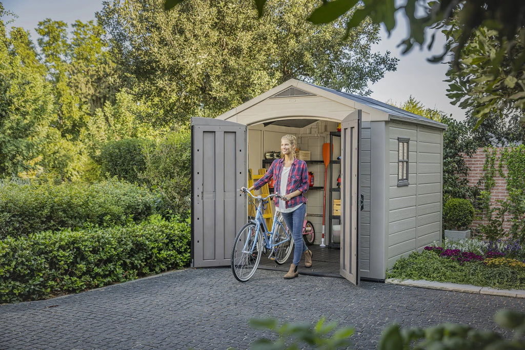 2026 NewKeter Factor 8 x 11 Foot All Weather Resin Outdoor Storage Shed, Taupe