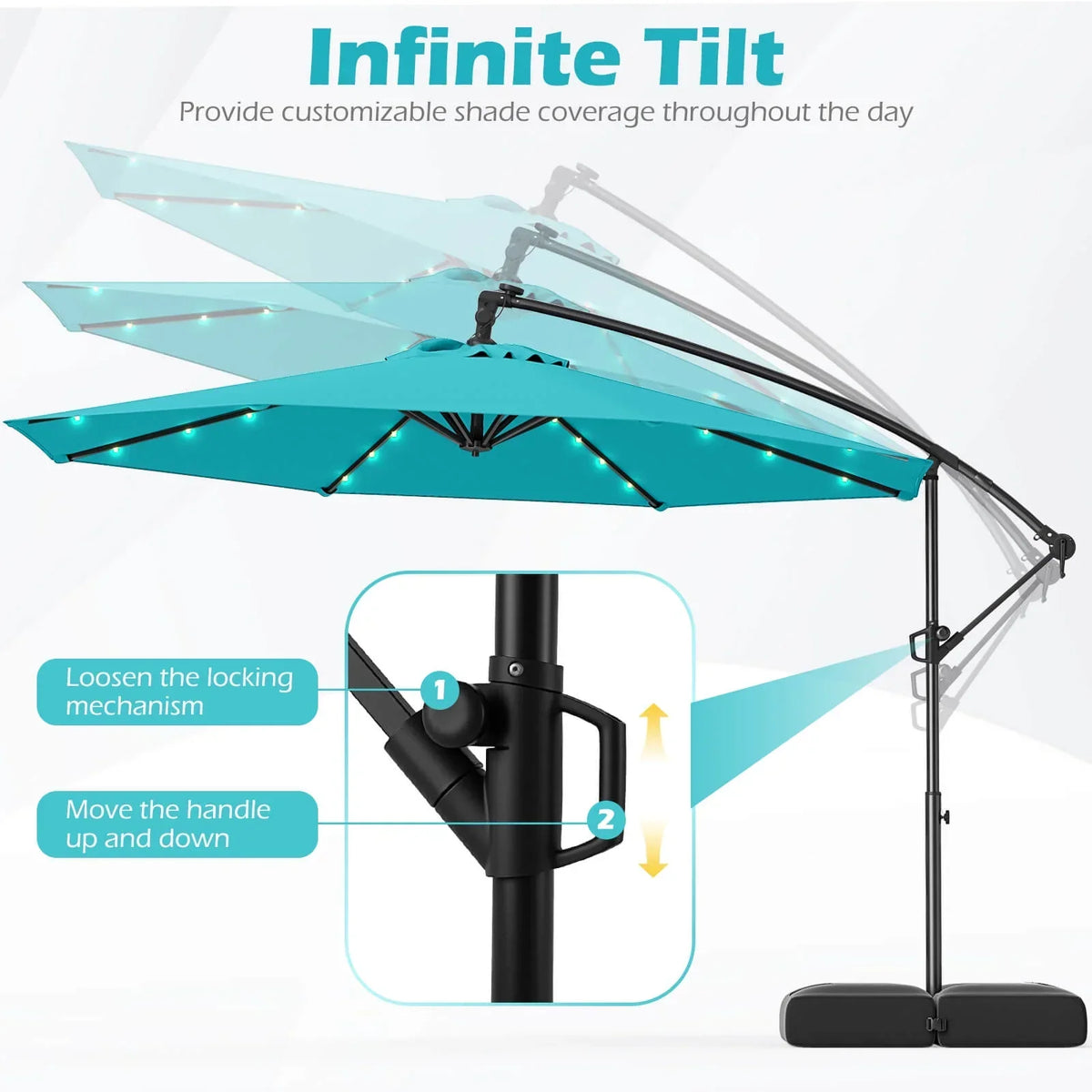 2026 NewCostway 10 FT Solar Offset Hanging Umbrella Patio Cantilever Umbrella with 32 LED Lights Brown