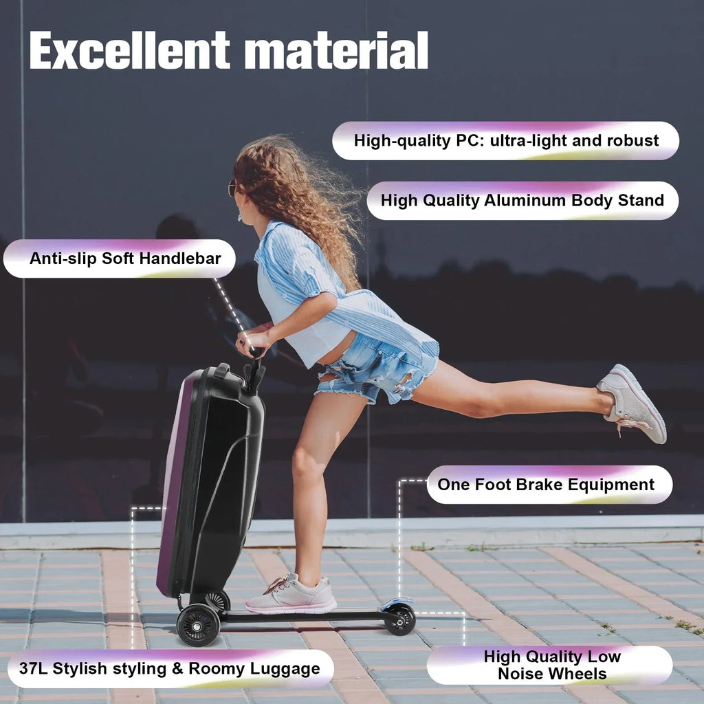 2026 NewAdvwin Scooter Luggage for Kids & Adults, Hardside Ride on Suitcase for Kids Ages 4-15 Multifunctional Lightweight Foldable Carry on Luggage with Wheels Ride on for Children Teenagers, Pink