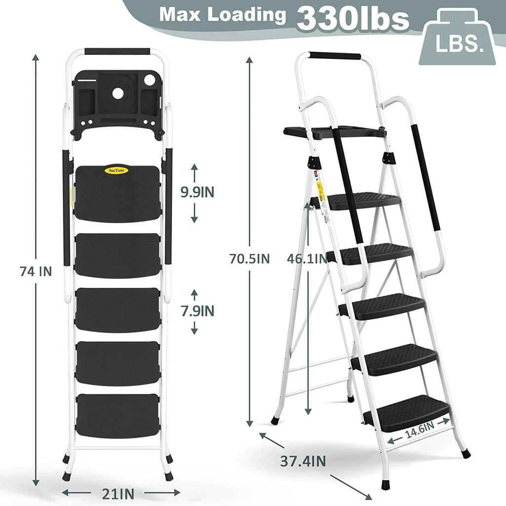 2026 NewHBTower Folding 5-Step Ladder, 330lbs, with Handrails and Tool Tray and Anti-Slip Pedal, White