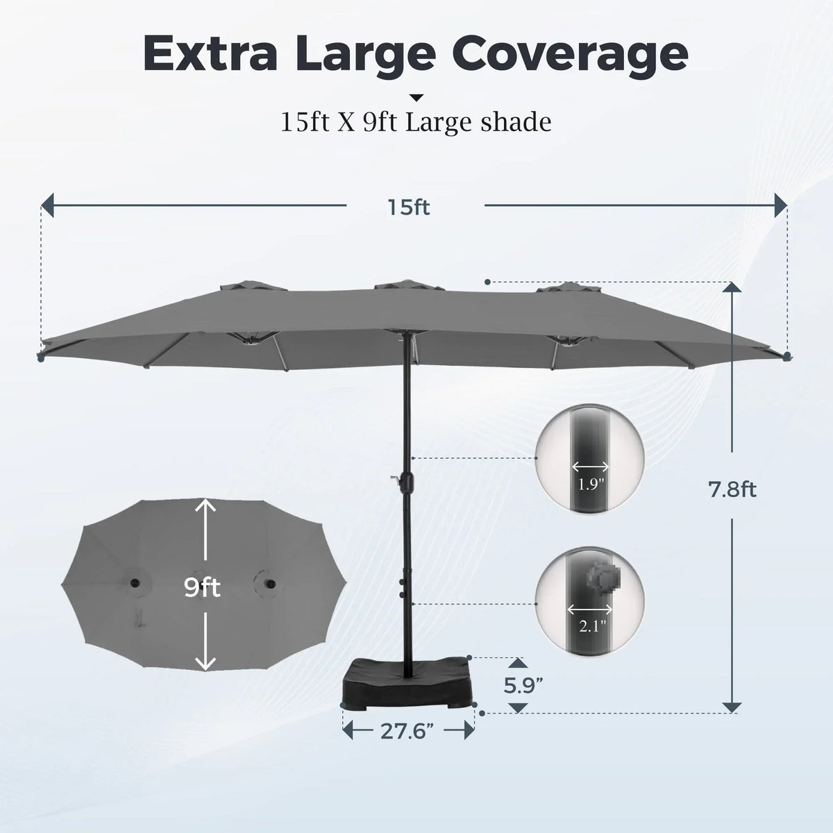 2026 NewAlpha Joy 15ft Outdoor Patio Umbrella Extra-Large Double-Sided Garden Umbrella with Crank Handle and Base - Smoky Gray