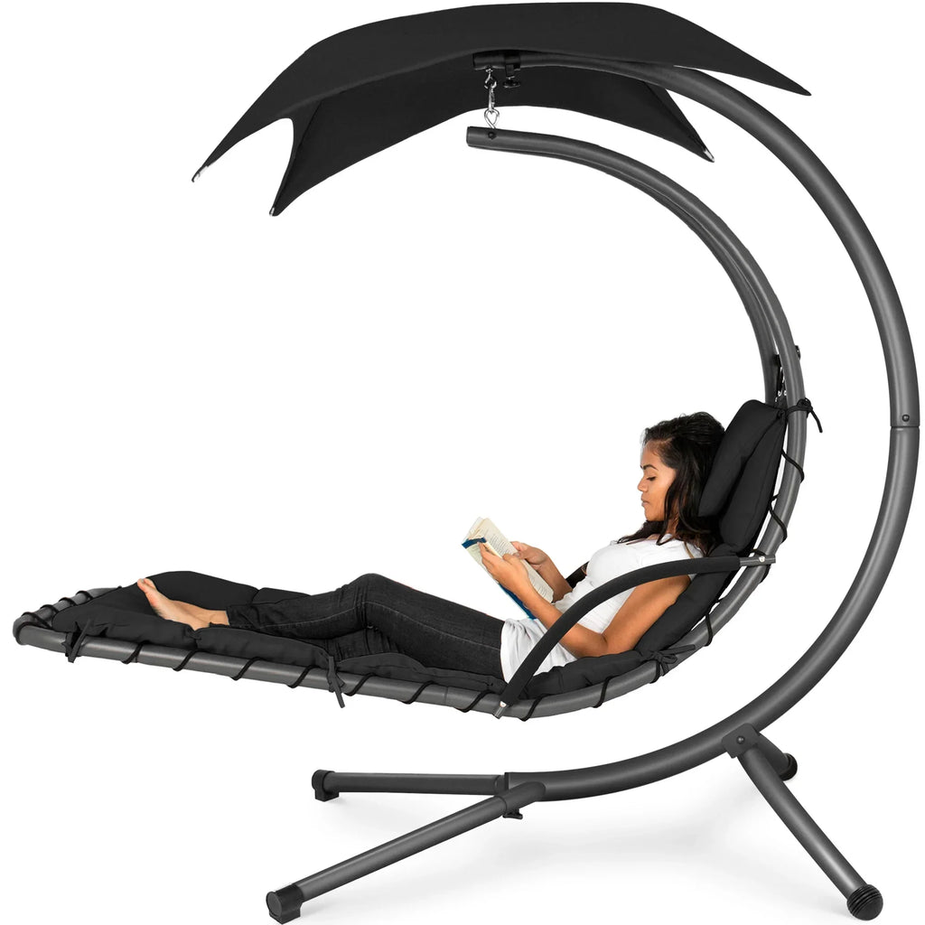 2026 NewBest Choice Products Hanging Curved Chaise Lounge Chair Swing for Backyard, Patio w/ Pillow, Shade, Stand - Teal