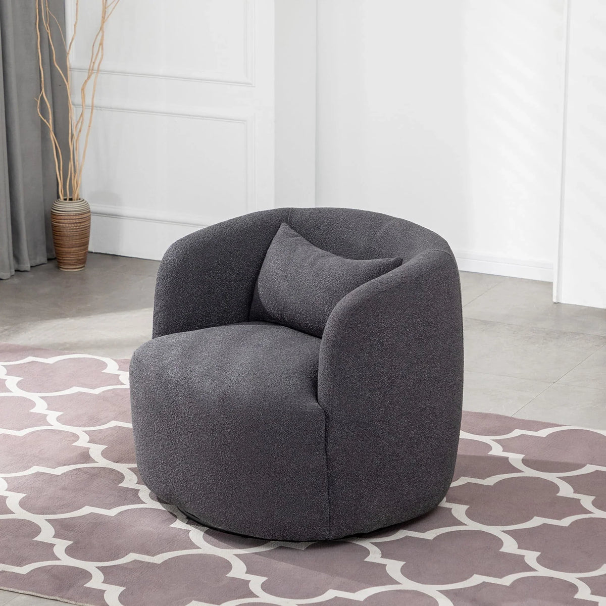 2026 New34" Wide Boucle Swivel Barrel Chair, No Assembly Round Upholstered Armchair Accent Chair Single Sofa Chair with Toss Pillow for Living Room and Bedroom, Taupe