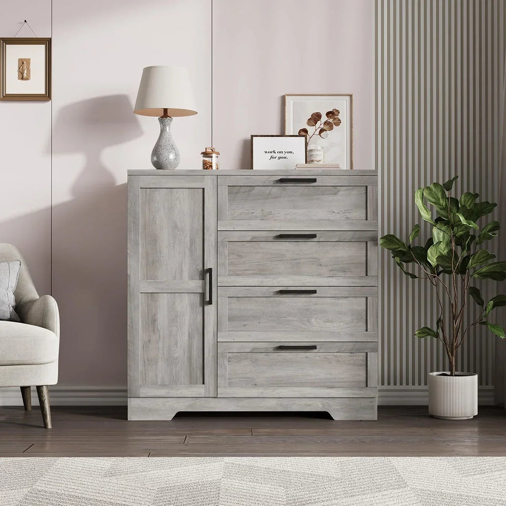 2026 NewAtaucjin Wood Armoire Wardrobe Closet with 4 Drawers and Door, 43.3" H Bedroom Wardrobe Cabinet with Hanging Rod, Clothing Storage Cabinets, 4 Drawers Dresser with Storage Closet