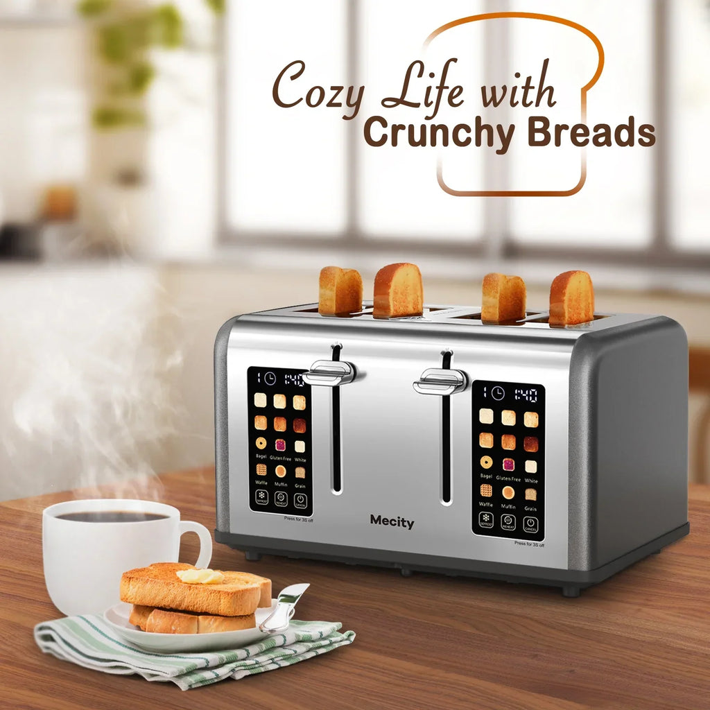 2026 NewMecity 4-Slice Touchscreen Toaster, Stainless Steel, 6 Browning Settings, Reheat, Cancel, Defrost, Removable Tray