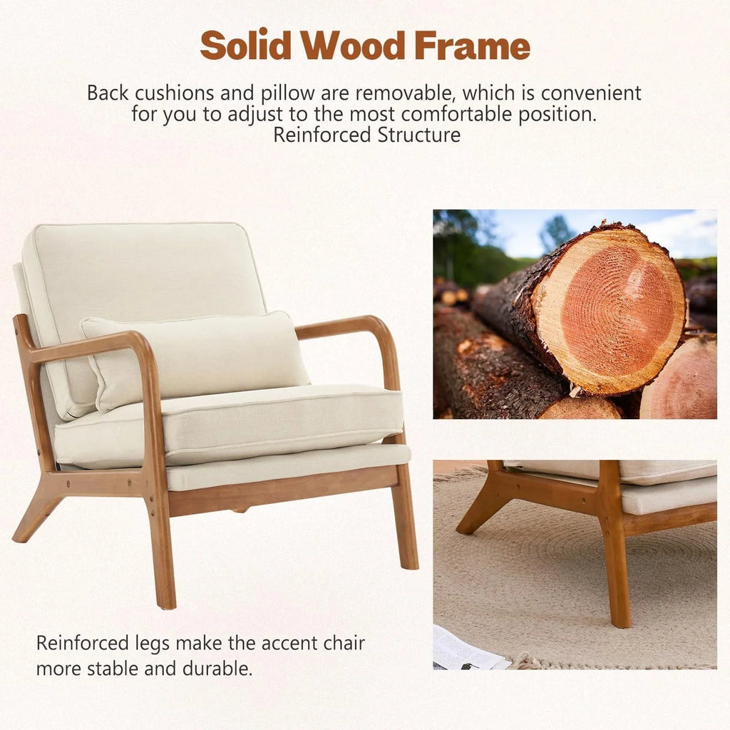 2026 NewAccent Chairs, Single Linen Lounge Reading Armchair with Solid Wood Frame, Mid Century Modern Easy Assembly Arm Chairs for Living Room-Beige