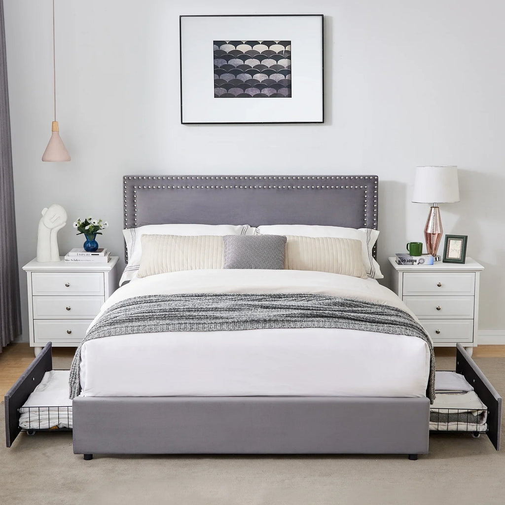 2026 NewVECELO Full Bed Frame with 4 Storage Drawers (Wheeled) and Tufted Upholstered Adjustable Headboard Platform Bed, Beige