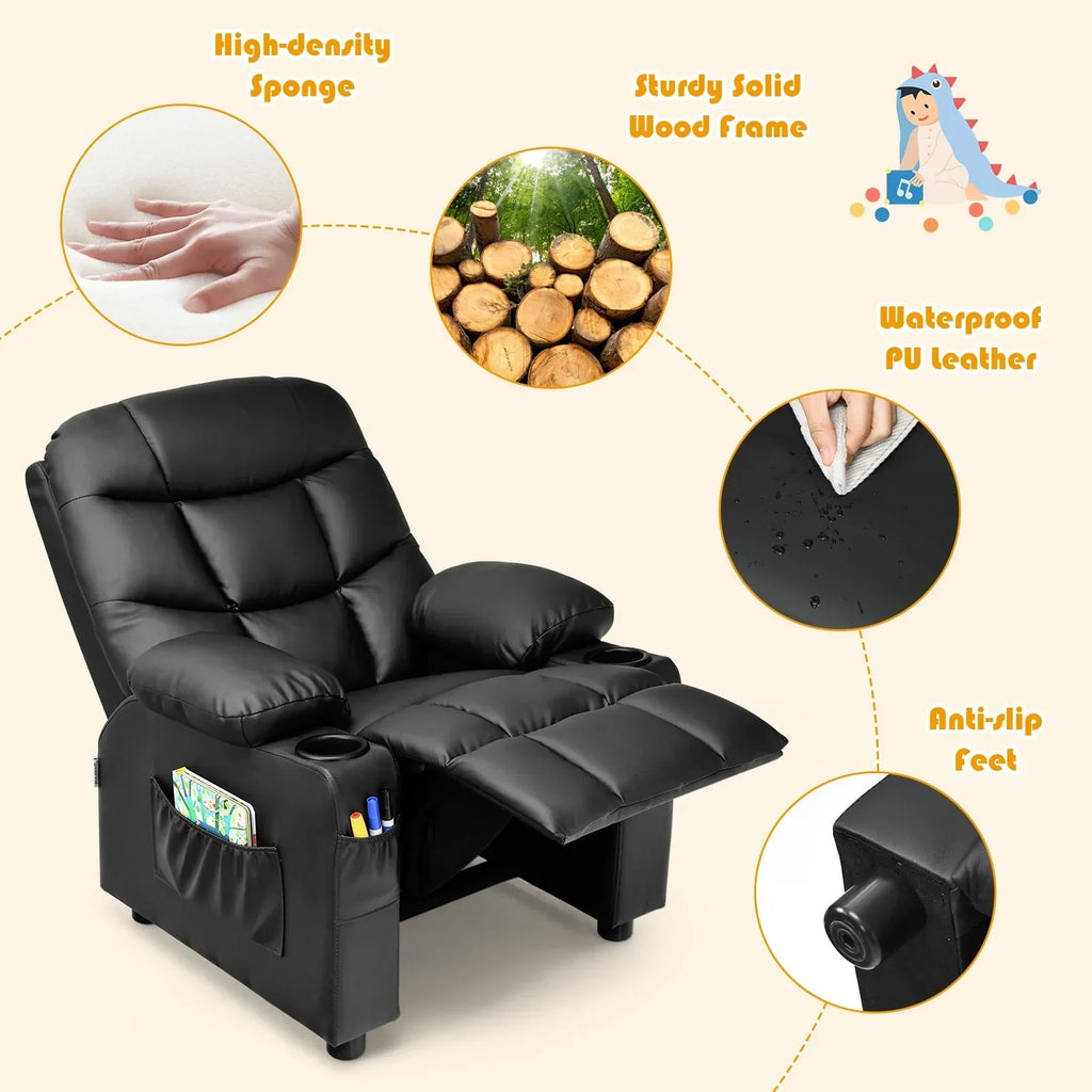 2026 NewInfans Kids Youth Recliner Chair PU Leather w/Cup Holders & Side Pockets Black