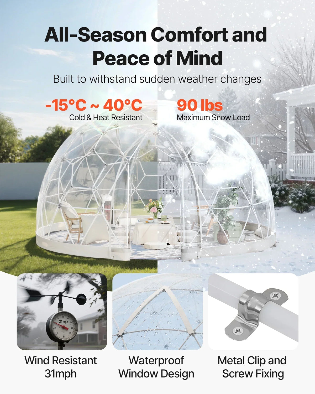 2026 NewVEVOR Garden Dome Tent, 12 x 7.2 ft Outdoor Clear Bubble Tent for 4-7 Person, Weatherproof Geodesic Dome Greenhouse with Window, PVC Igloo Tents for Backyard Patios Camping Party Wedding