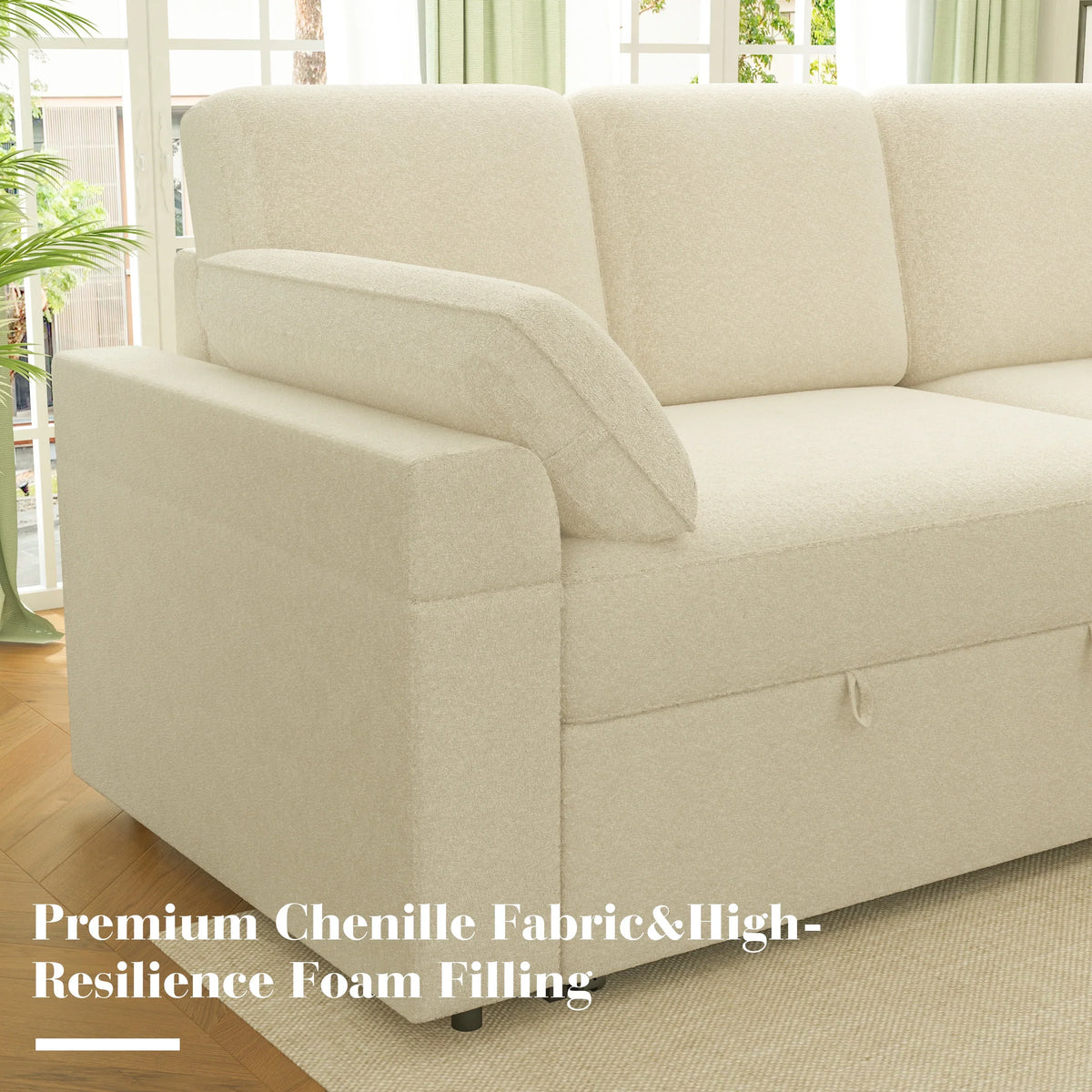 2026 NewVANACC Sofa Bed, Adult Sleeper Sofa with Storage Chaise, Pull Out Couch for Bed Room, Gray Chenille