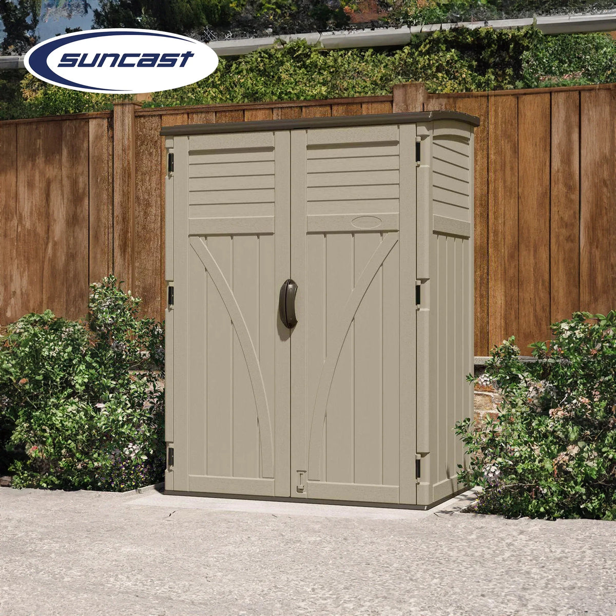 2026 NewSuncast Large Vertical Shed for Storing Oudoor Tools, & Equipment, Sand