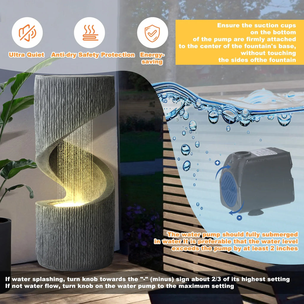 2026 NewMagic Union Outdoor S-Shaped Water Fountain, Spiral Waterfall Indoor Fountain Outside Garden Decor with LED Lights & Pump, Curved Patio Resin Fountains for Yard, Deck, Porch and Home Decorations