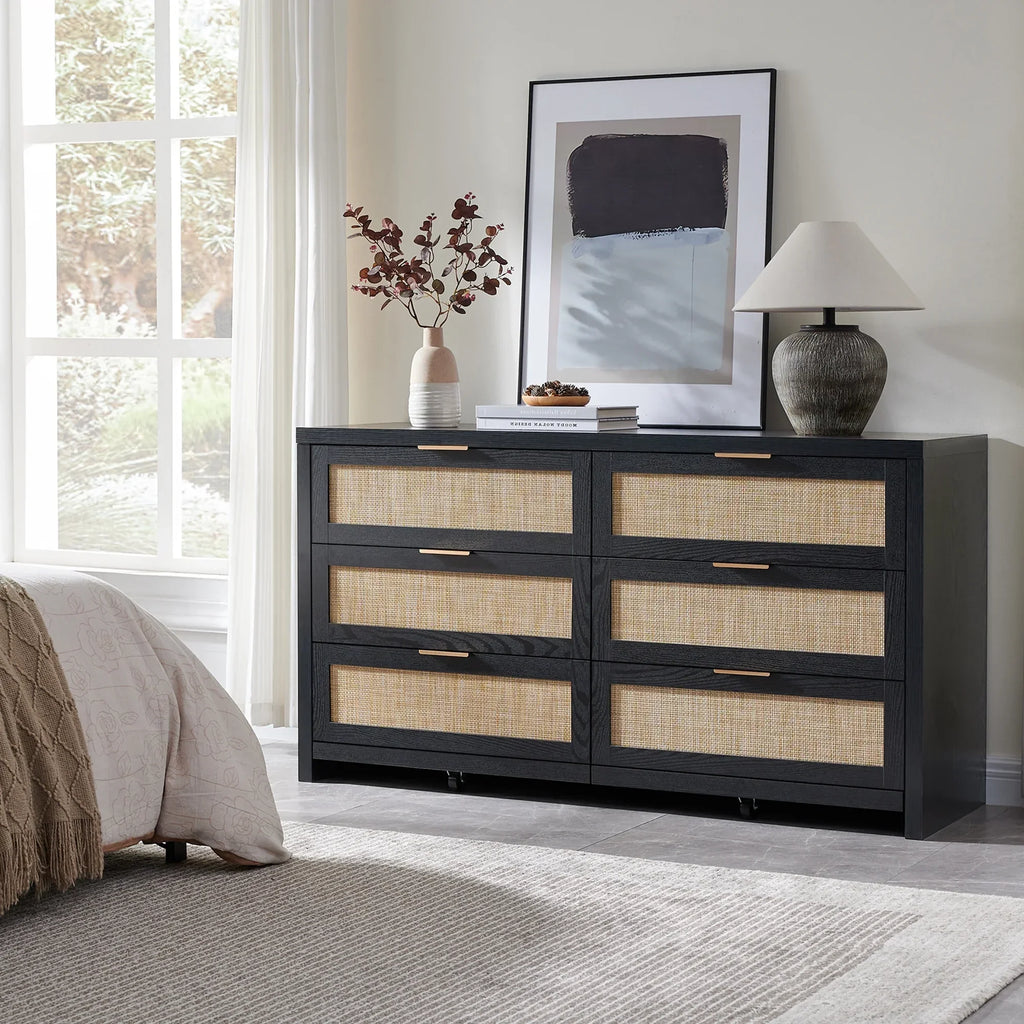 2026 NewSICOTAS 56.85" 6 Drawer Dresser,Rattan Dresser with Storage,Boho Dressers & Chests of Drawers Wooden Tall Dresser for Bedroom