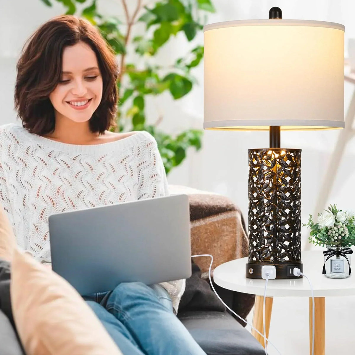2026 NewCinkeda Table Lamp Set of 2 for Living Room Bedroom with USB Ports AC Outlet 3 Way Dimmable Touch Nightlight Farmhouse White Floral Nightstand Bedside Lamps