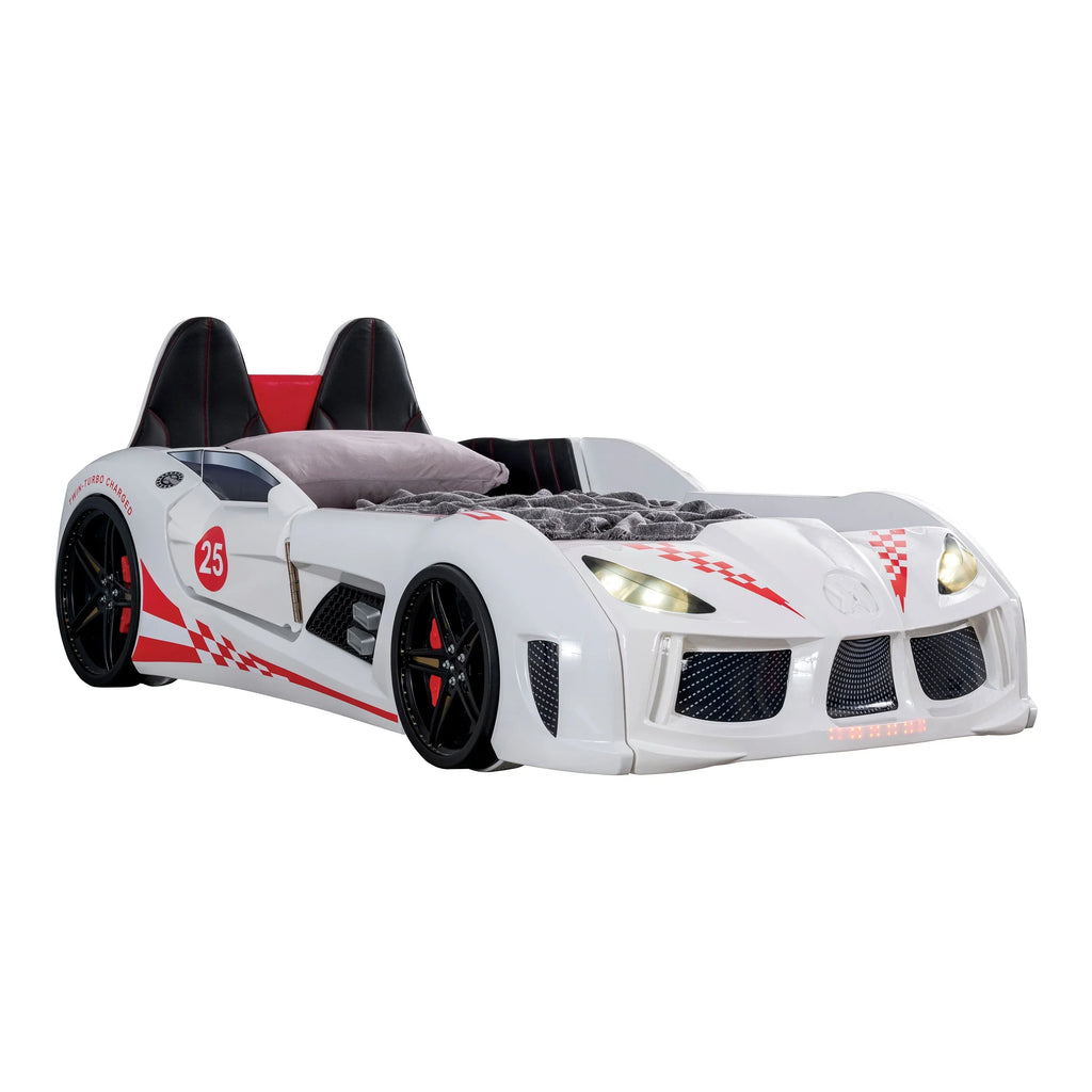 2026 NewFurniture of America Dash Kids Plastic Twin Race Car Bed with LED and Sound, White