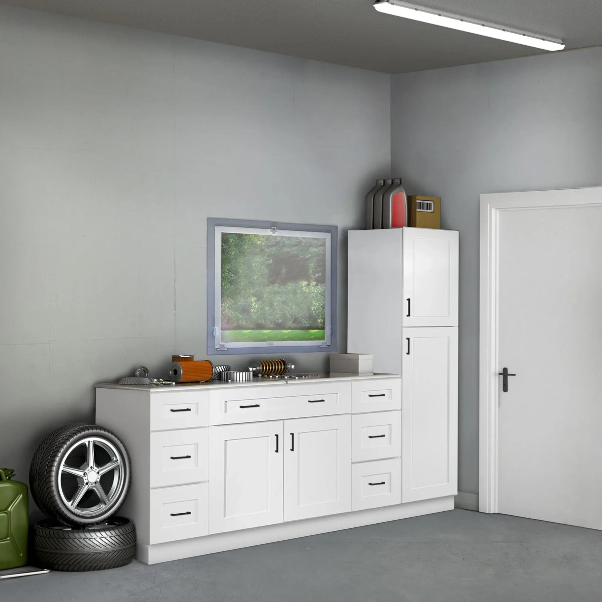 2026 NewDesign House Brookings Ready to Assemble Wood Shaker 2-Door and 2-Drawer Kitchen Base Cabinet (48 x 34.5 x 24), Sherwin Williams White