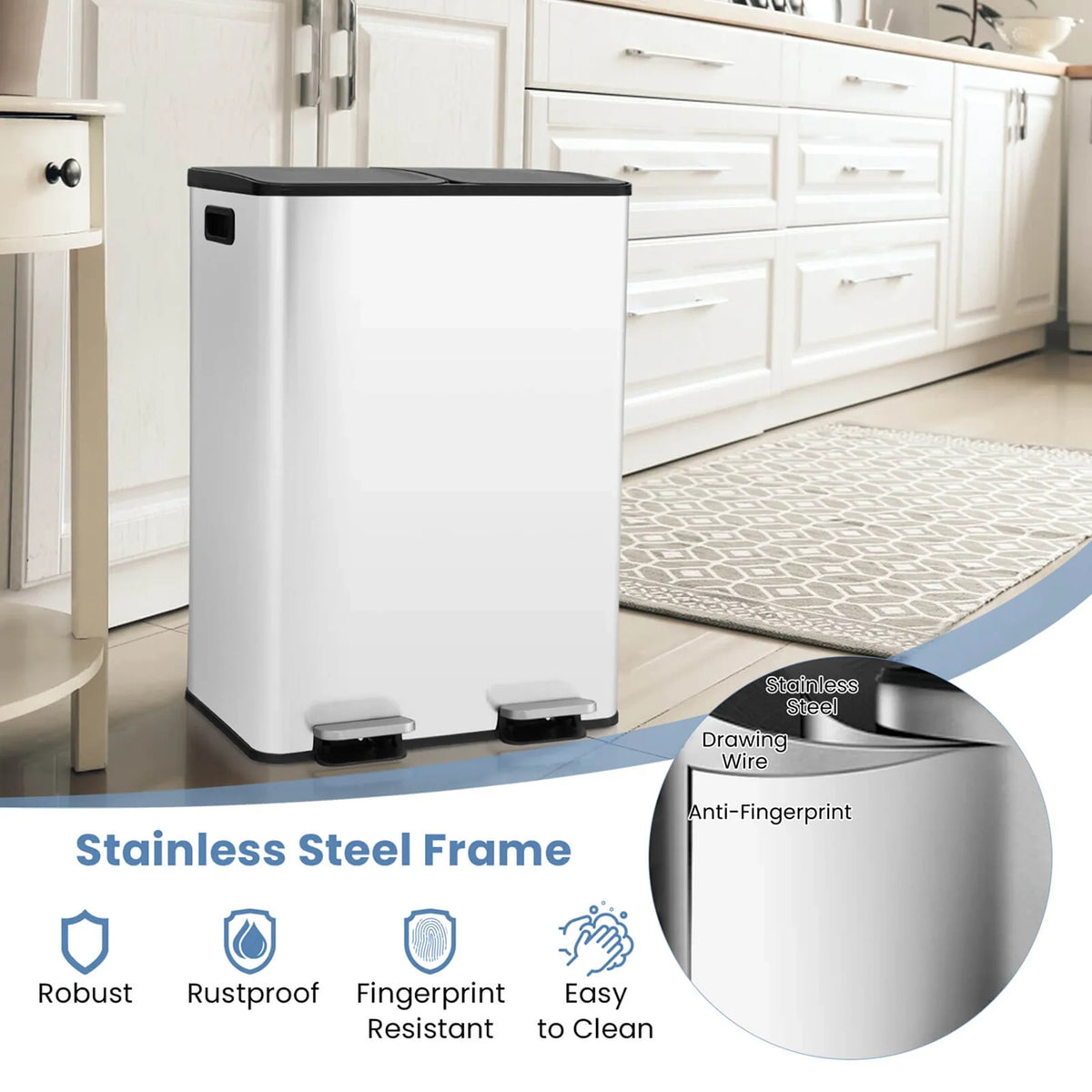 2026 NewCostway 16 Gallon Dual Step Trash Can Recycle Bin Stainless Steel Bucket Pedal Silver