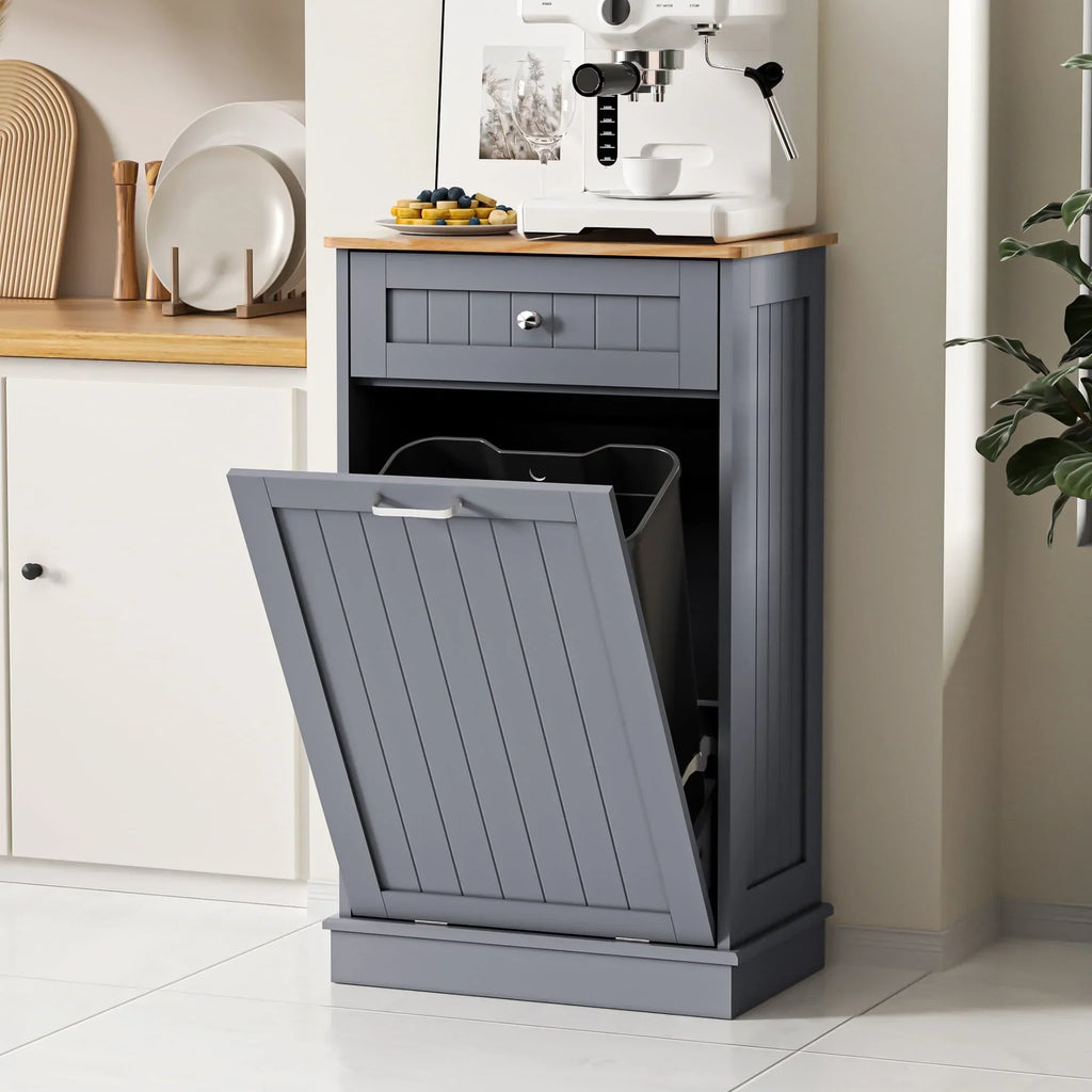 2026 NewHARIPUL Single Tilt Out Trash Cabinet for 13 Gallon Waste Bin, Free Standing Kitchen Trash Can Cabinet with Drawers, White
