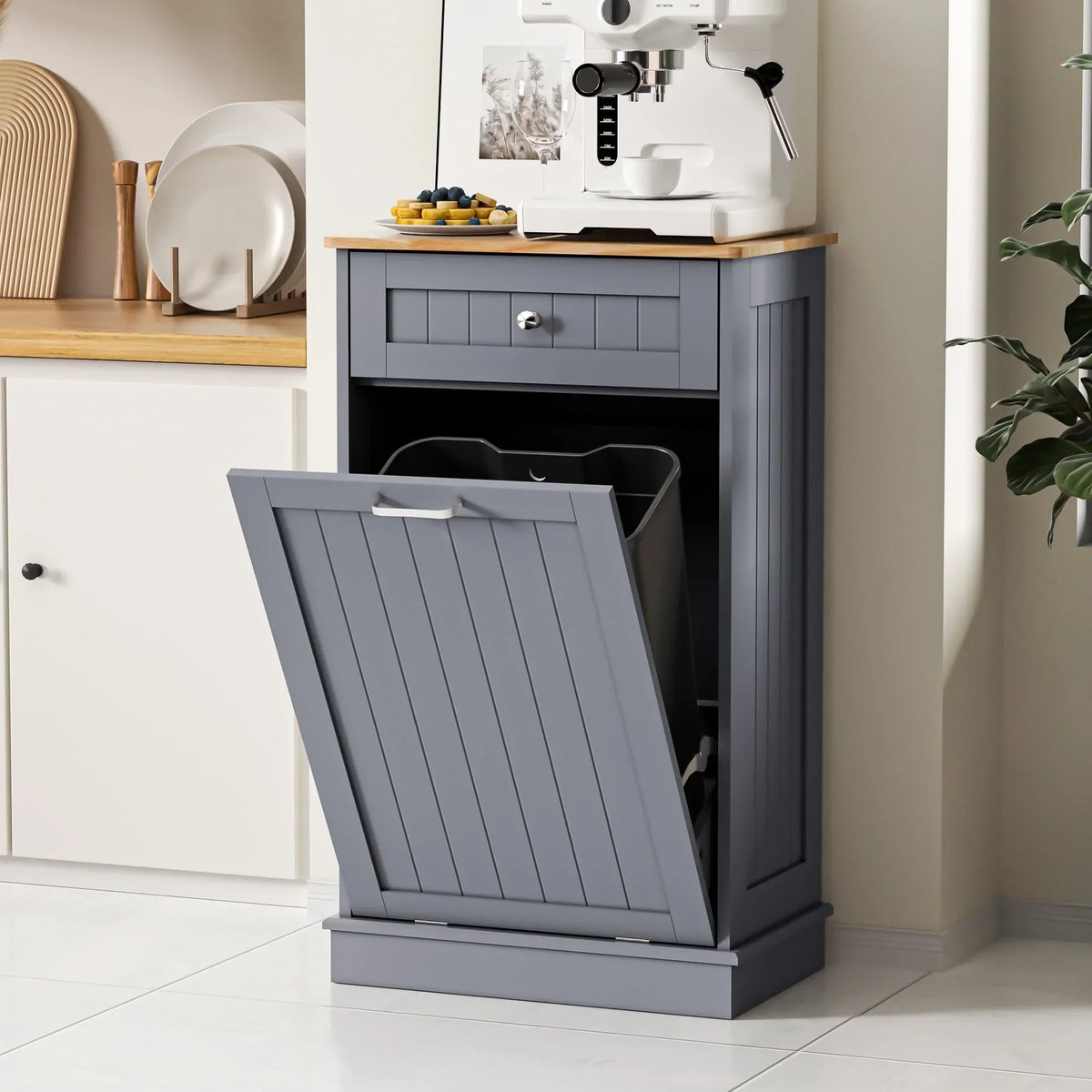 2026 NewHARIPUL Single Tilt Out Trash Cabinet for 13 Gallon Waste Bin, Free Standing Kitchen Trash Can Cabinet with Drawers, White