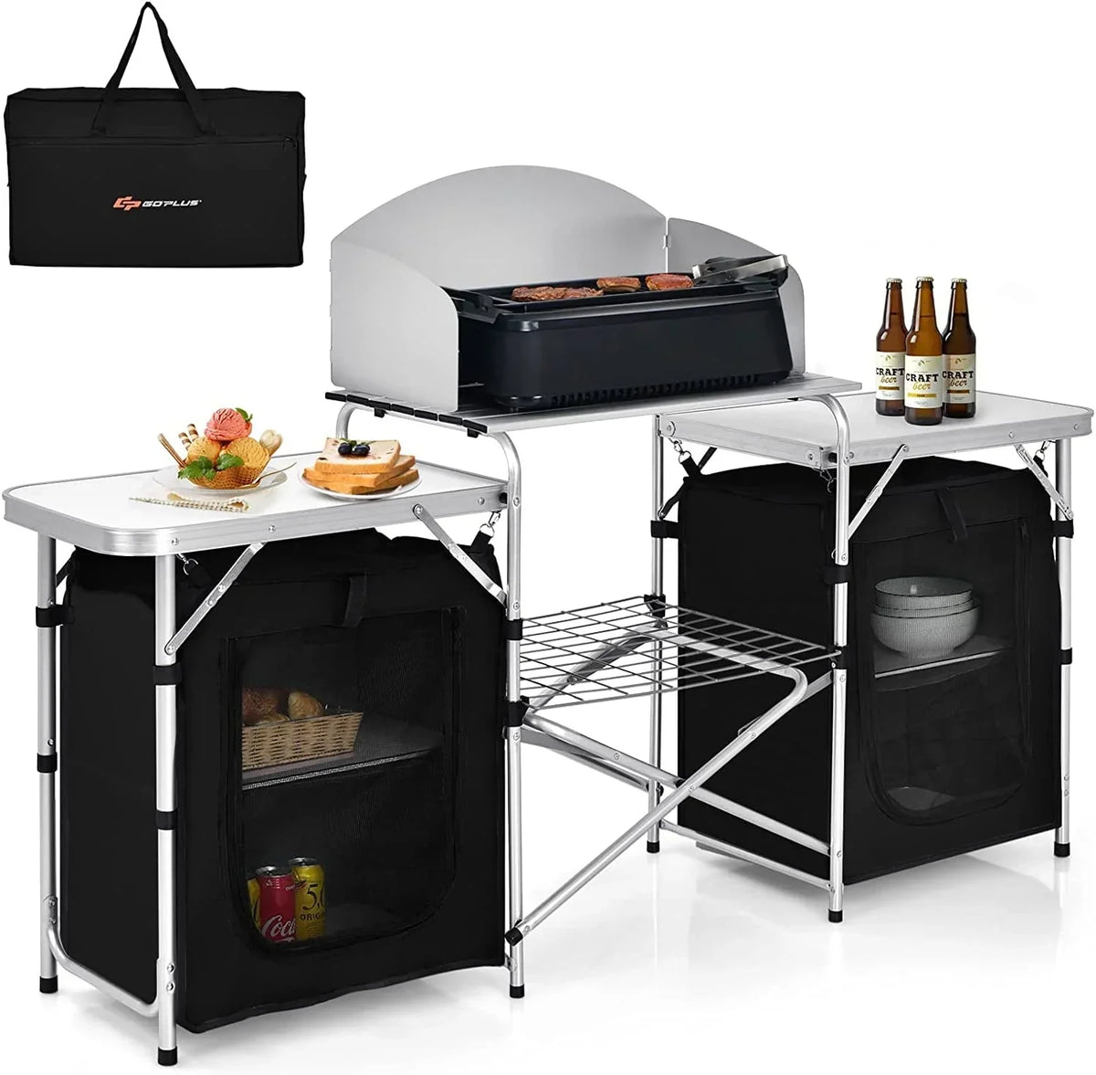 2026 NewCamping Kitchen Table with Storage, Aluminum Portable Outdoor Cooking Table with Windscreen, Foldable Camp Table Cook Station for BBQ, Grill, Party, Picnics