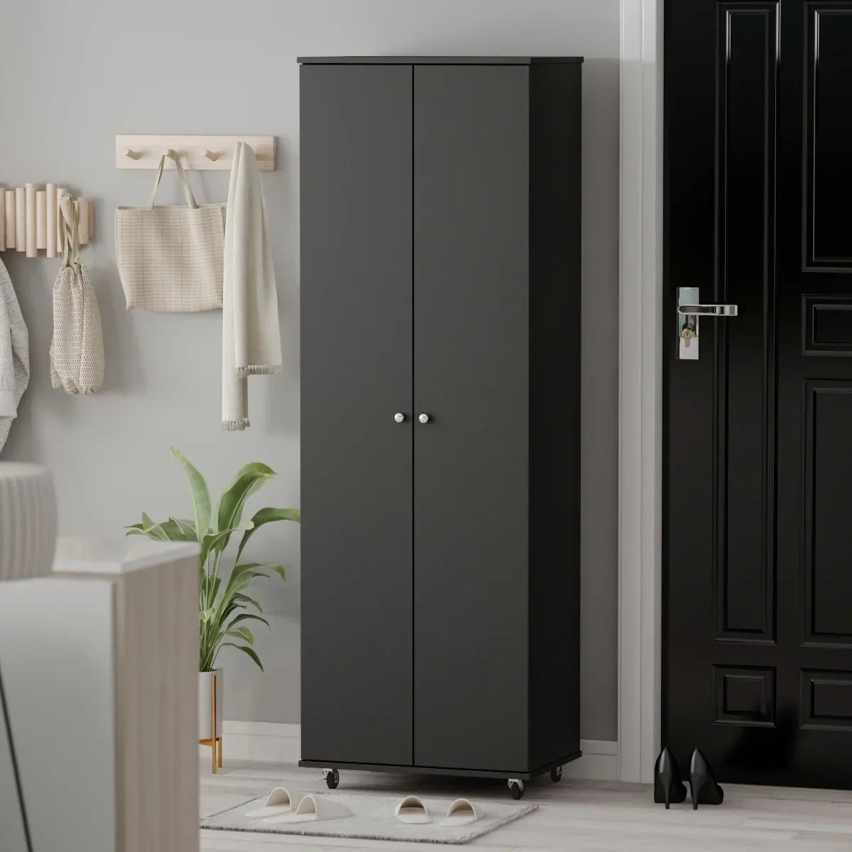 2026 NewKULAGAGA 2-Door Tall Shoes Storage Cabinet with Wheels, Modern 8-Tier Wood Shoe Rack Storage Organizer for Entryway Hallway Blcak