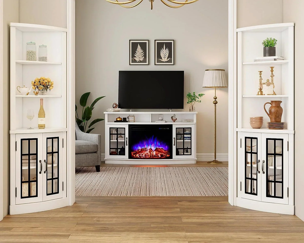2026 NewMerluxy Curved Corner Cabinet, 65" Wood Bookcase with 3 Shelves, Distressed White