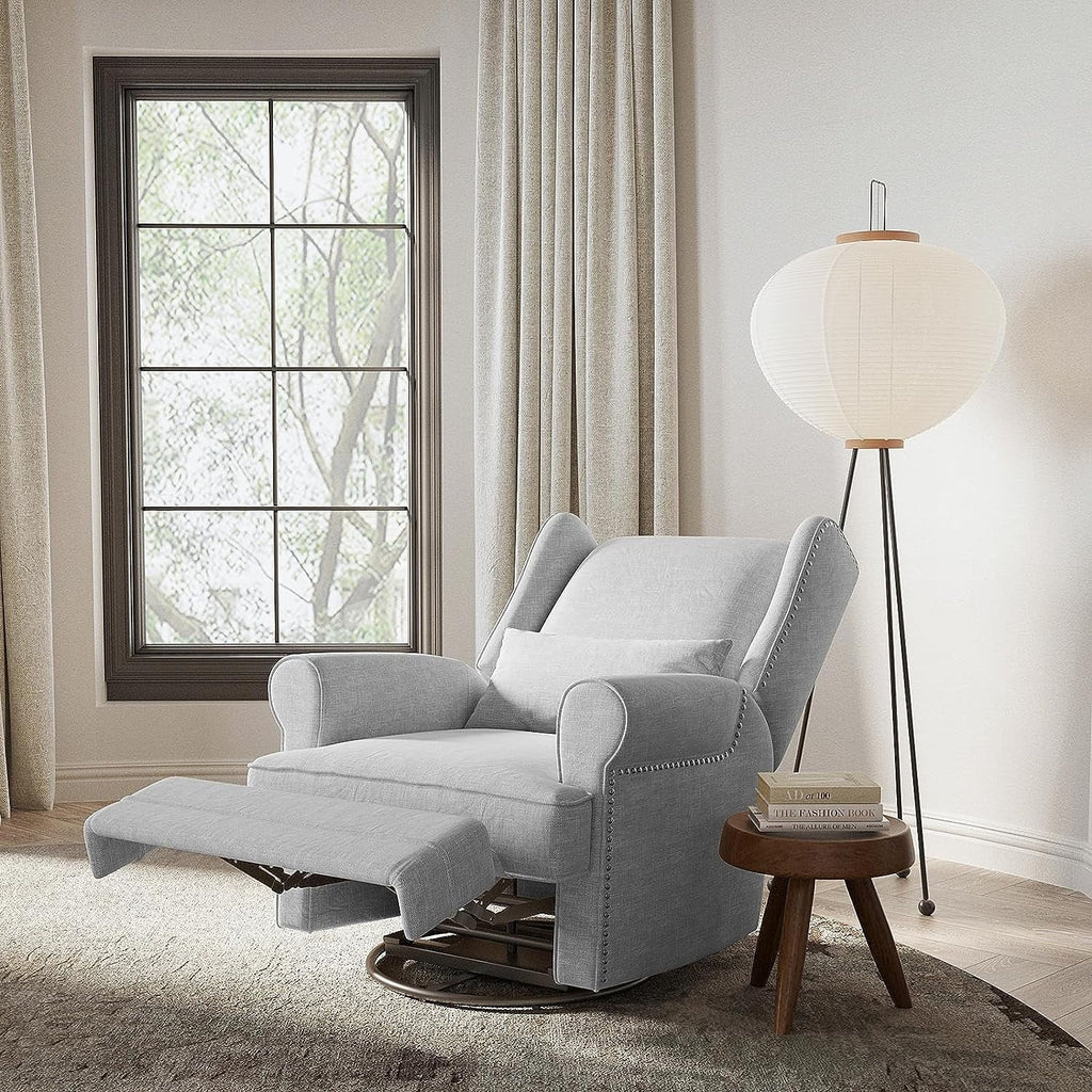 2026 NewRoyalcraft Swivel Nursery Glider Recliner, Comfy Upholstered Glider Chair with Lumbar Pillow and Footrest, Beige
