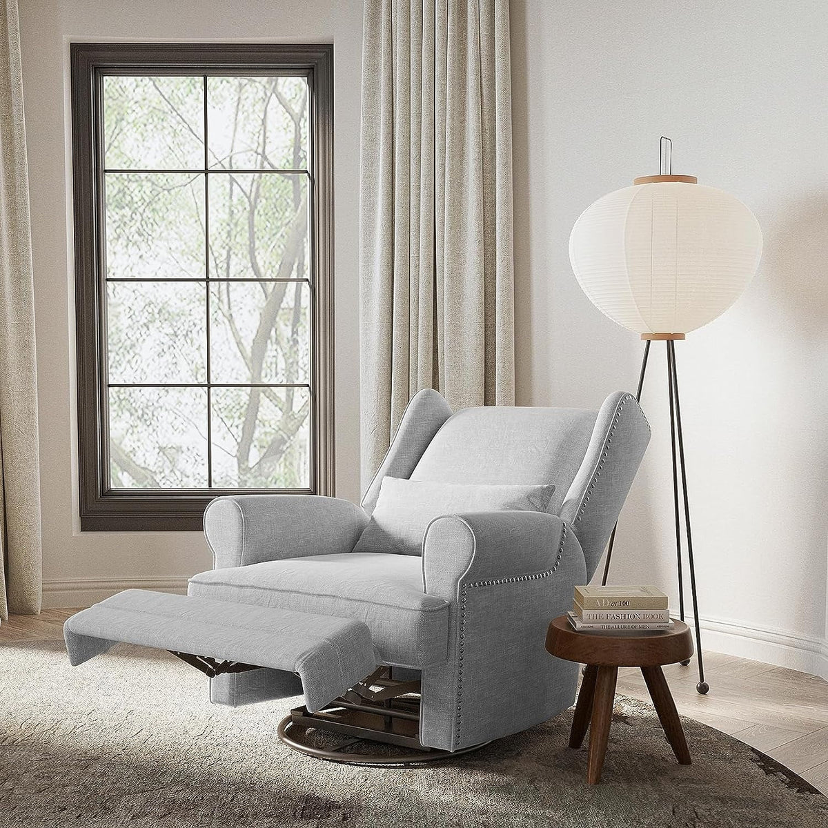 2026 NewRoyalcraft Swivel Nursery Glider Recliner, Comfy Upholstered Glider Chair with Lumbar Pillow and Footrest, Beige